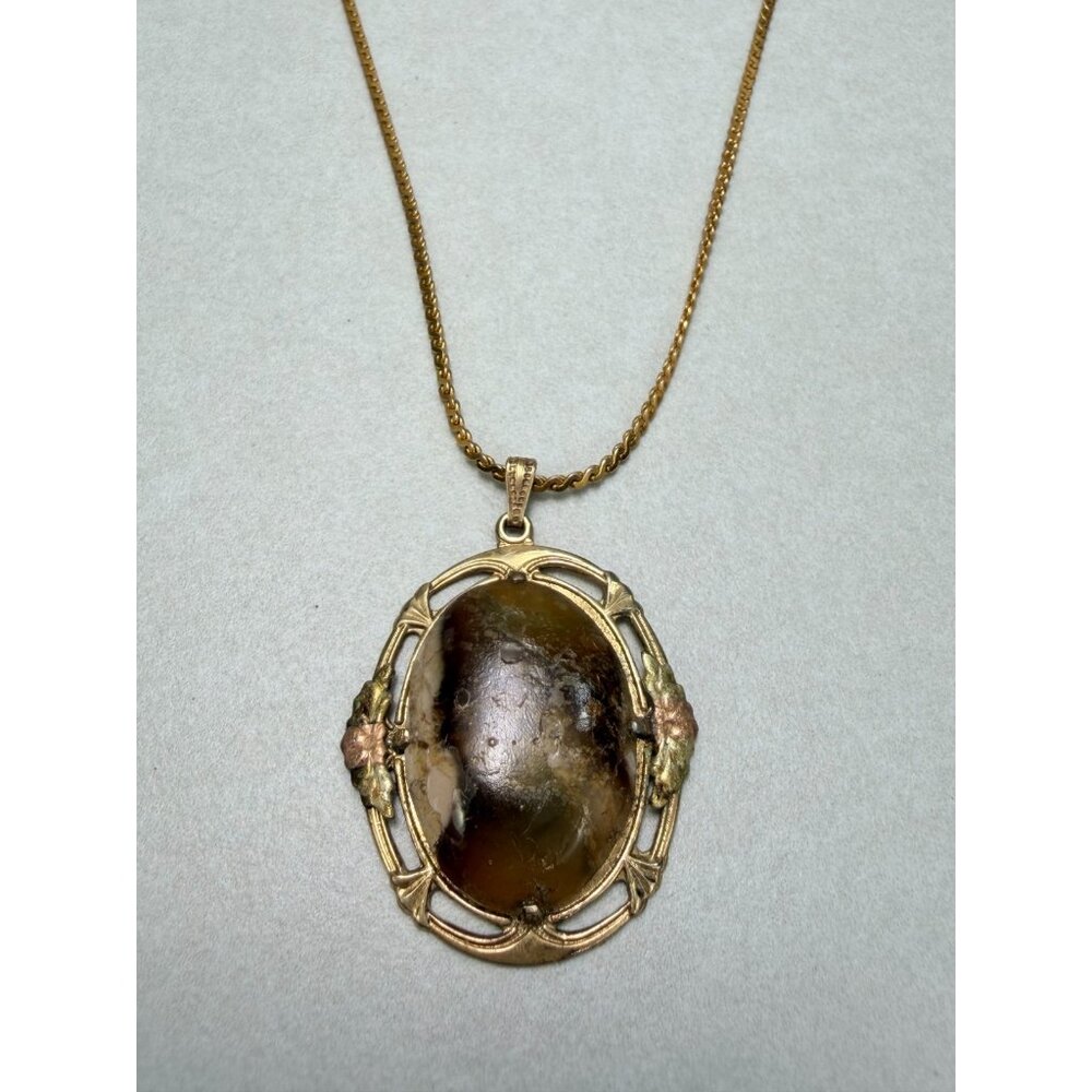 Vintage Gold Filled Large Brown Agate Pendant Art Nouveau Style Necklace - Picture 2 of 8
